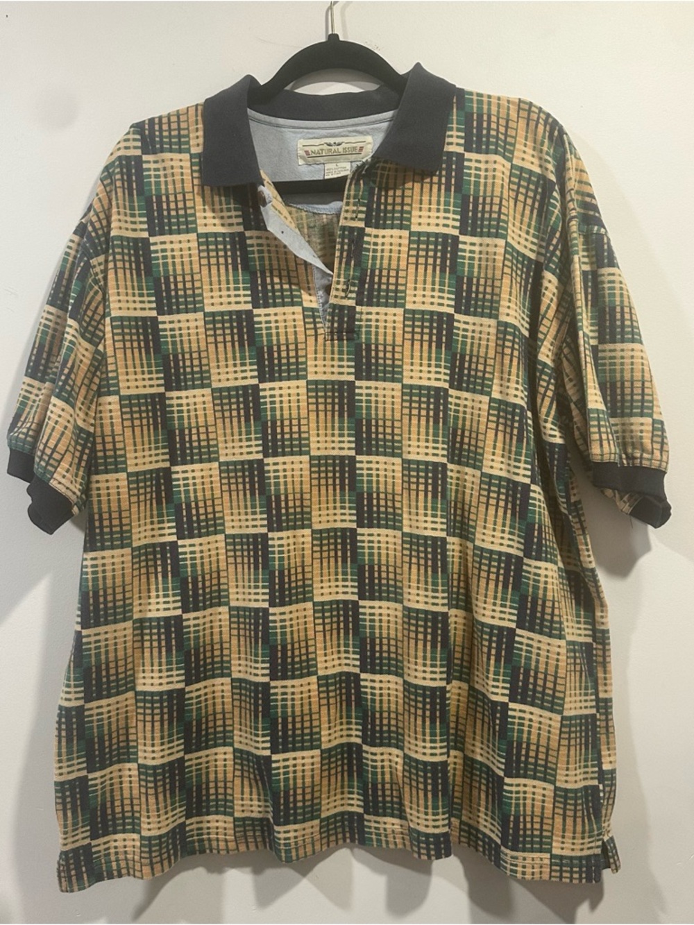 Vintage natural issue 100% cotton Men's Polo with Beige and Green Check Pattern